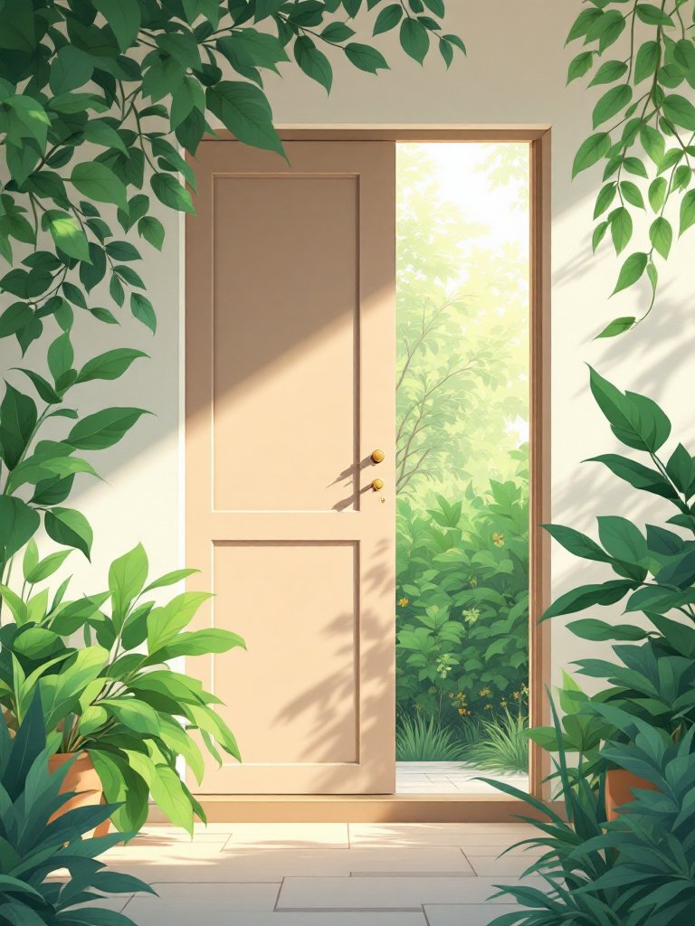 An open door surrounded by lush green plants, looking out onto a sunlit garden.